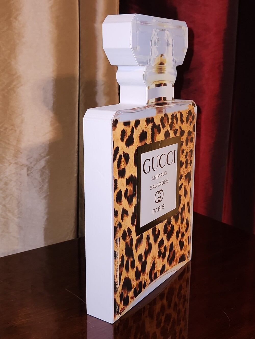 Glam Logo 3D Wooden Leopard-Print Perfume Bottle Table Top Stand Decor - Picture 6 of 8
